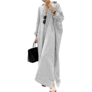 Women's Casual Long Sleeve Button Down Loose Striped Cotton Maxi